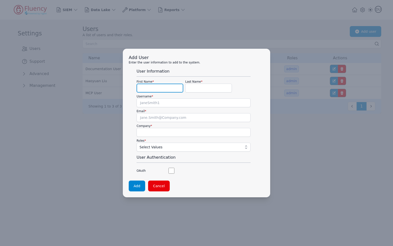 Add User dialog with User Information fields, a User Authentication OAuth checkbox, and Add and Cancel buttons