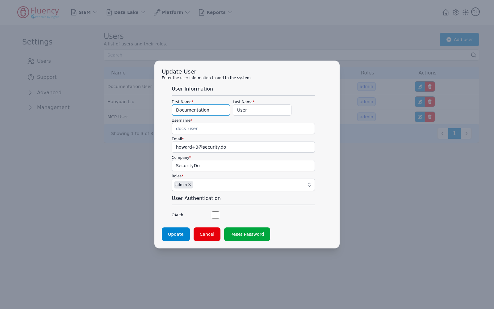 Update User dialog pre-filled with a user's details and Update, Cancel, and Reset Password buttons