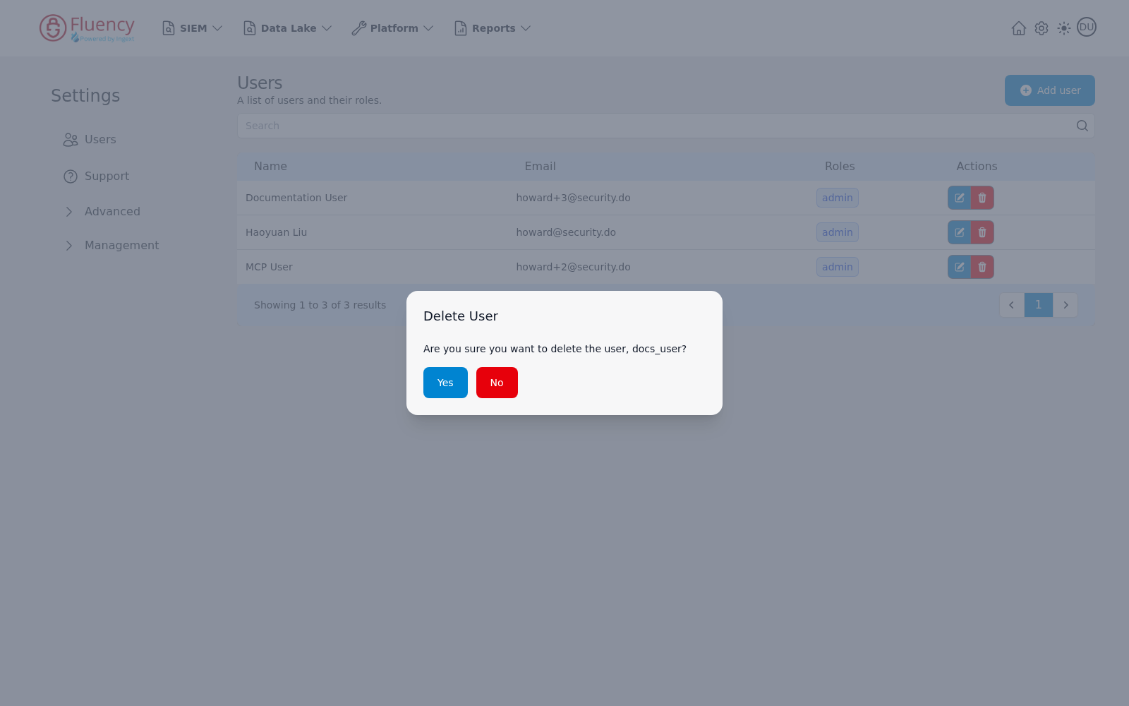 Delete User confirmation dialog with Yes and No buttons