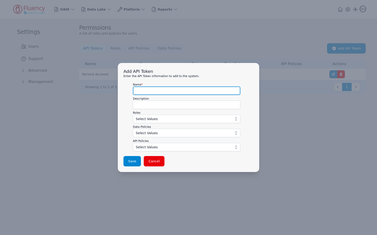 Add API Token dialog with Name, Description, Roles, Data Policies, and API Policies fields