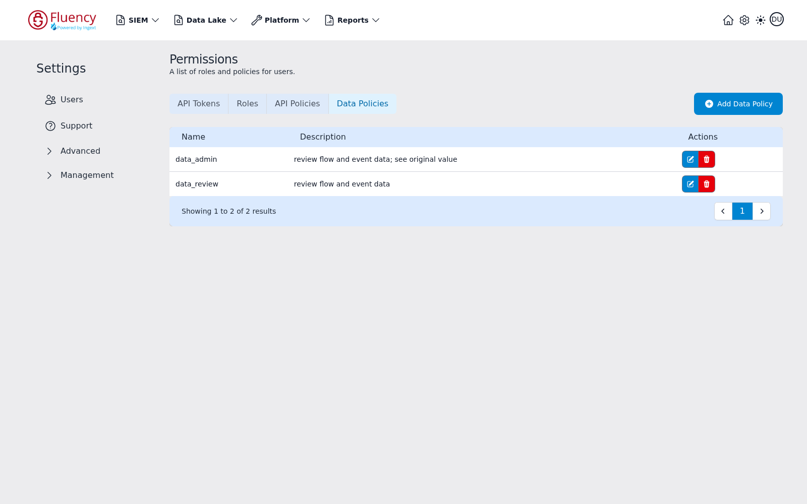 Data Policies tab listing the data_admin and data_review policies