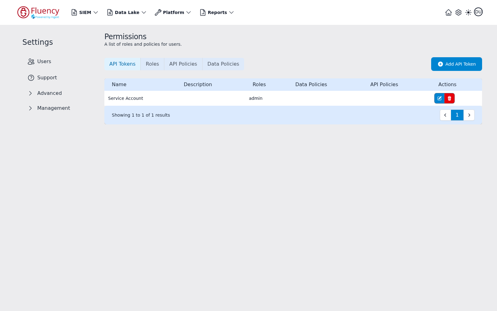 Permissions area on the API Tokens tab, showing the tab bar, a token table, and an Add API Token button