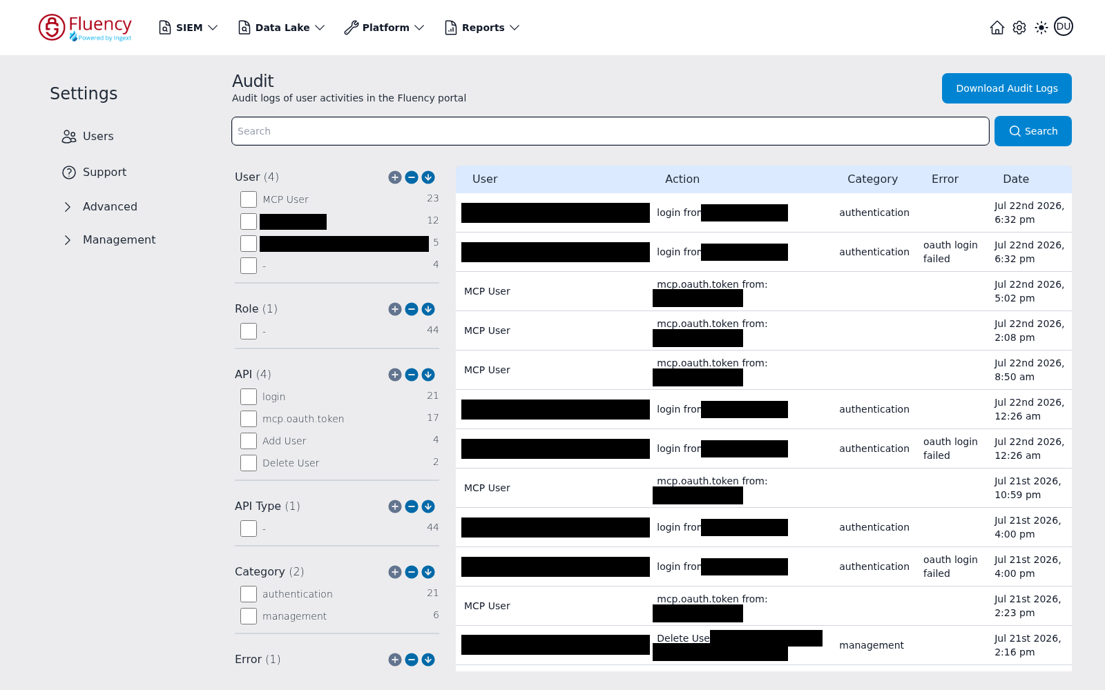 Audit page with a faceted filter panel on the left and the audit log table on the right