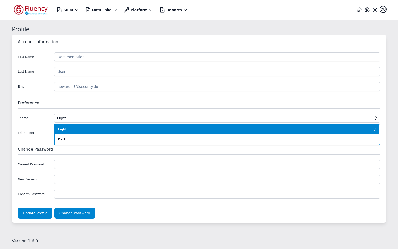 Profile Theme drop-down open, showing the Light and Dark options