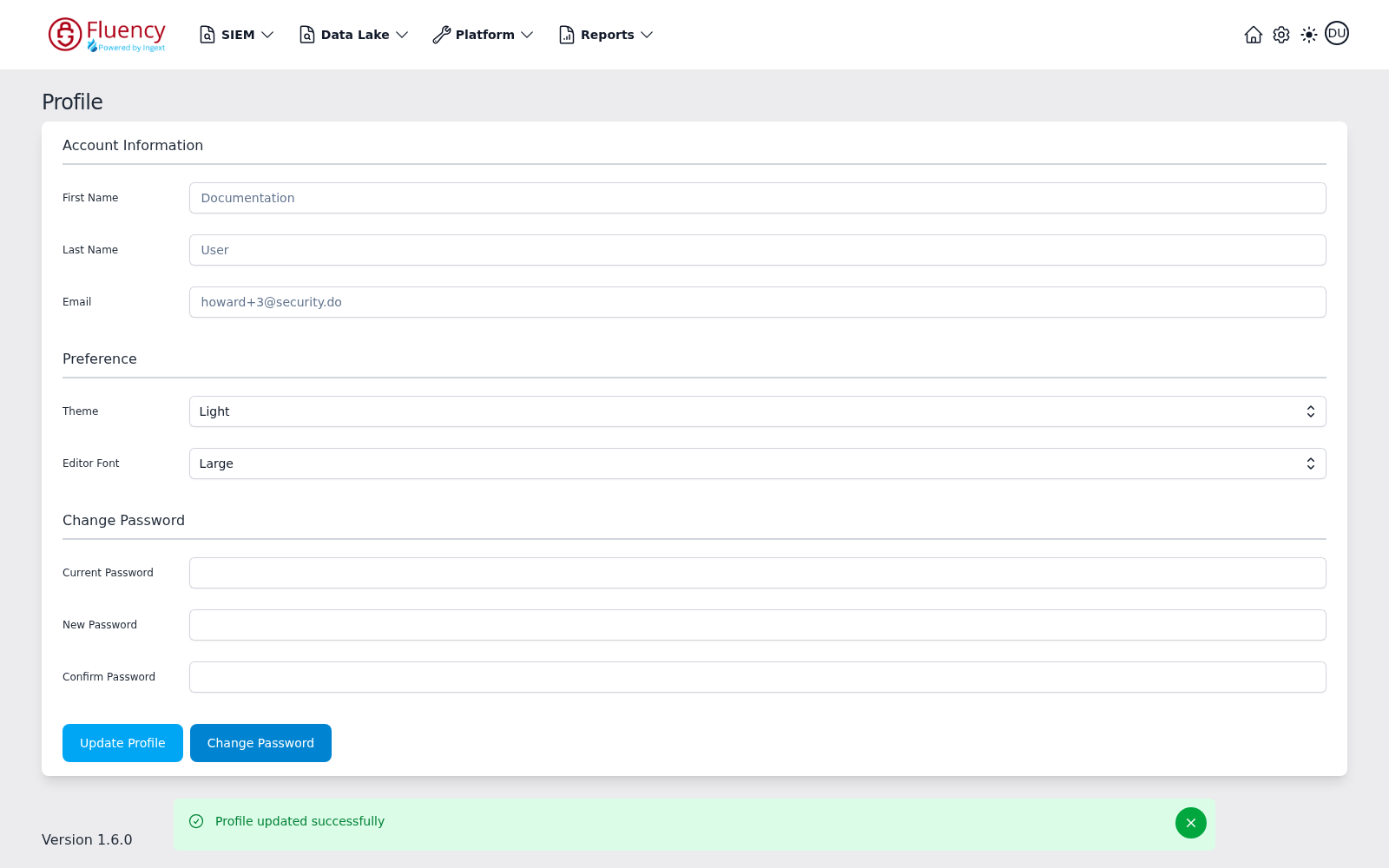 Profile page showing the green Profile updated successfully toast at the bottom