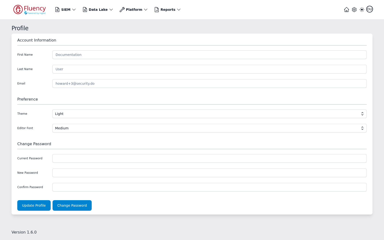 Profile page with Account Information, Preference, and Change Password sections and Update Profile and Change Password buttons