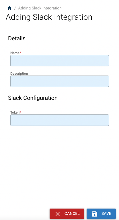 Left-side panel with the Slack integration name and token entered, and the SAVE button