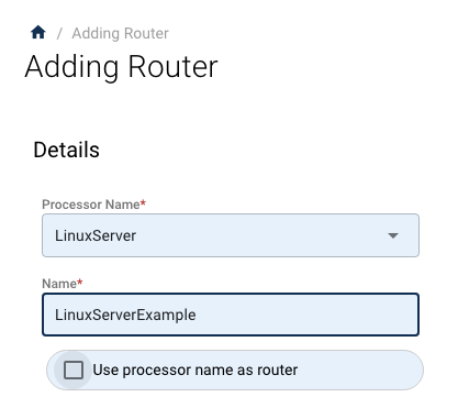 Router properties panel with Use processor name as router unchecked and a custom name entered