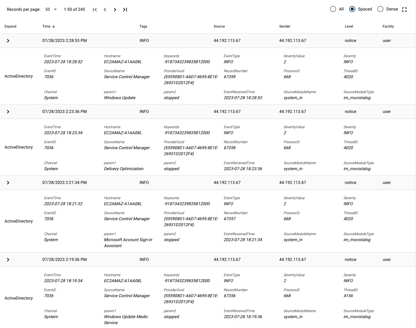 Older Event Search results table with the Expand column