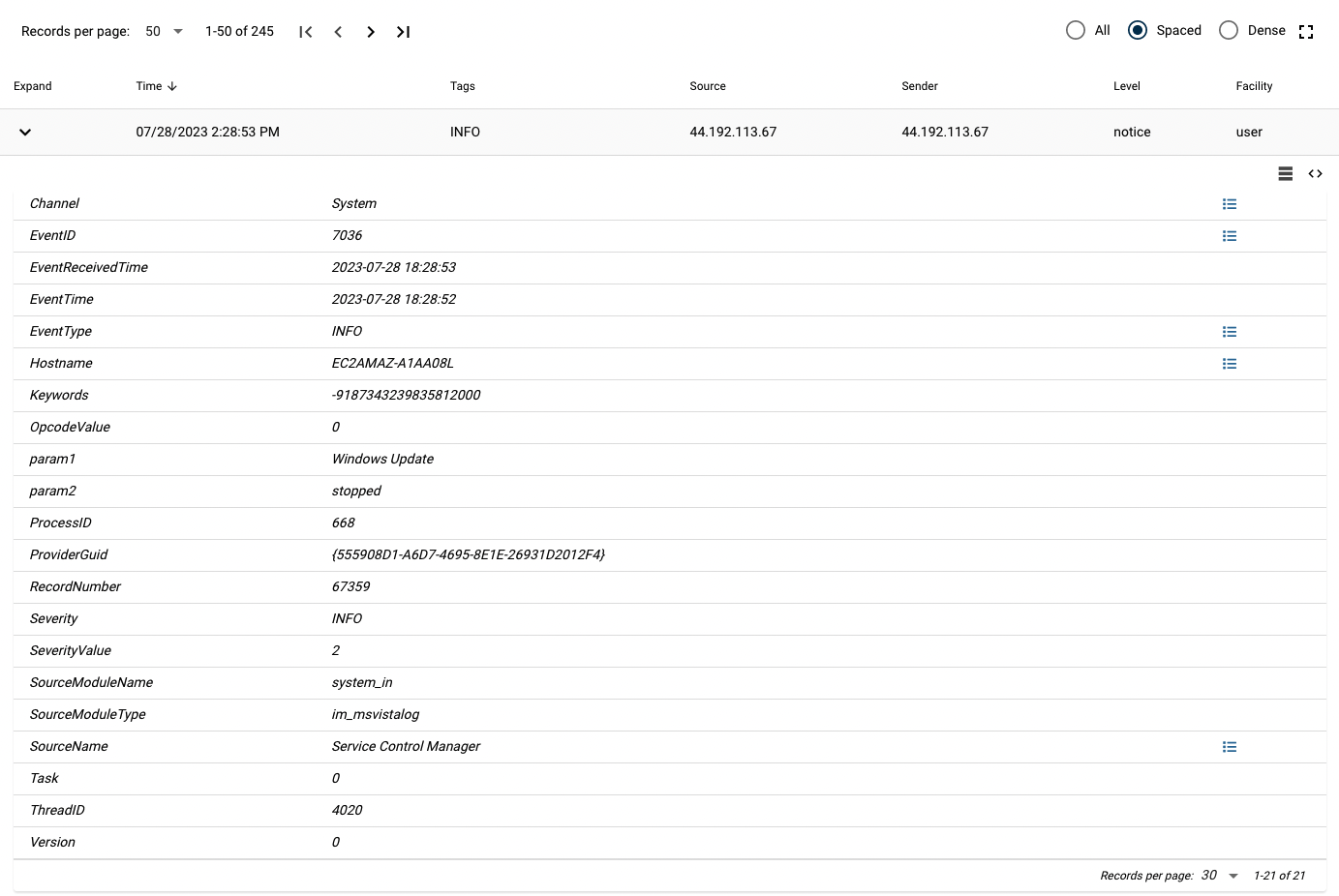Results table with the expand icon at the left of each row