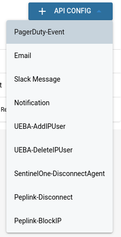 + API CONFIG dropdown open with PagerDuty Event selected