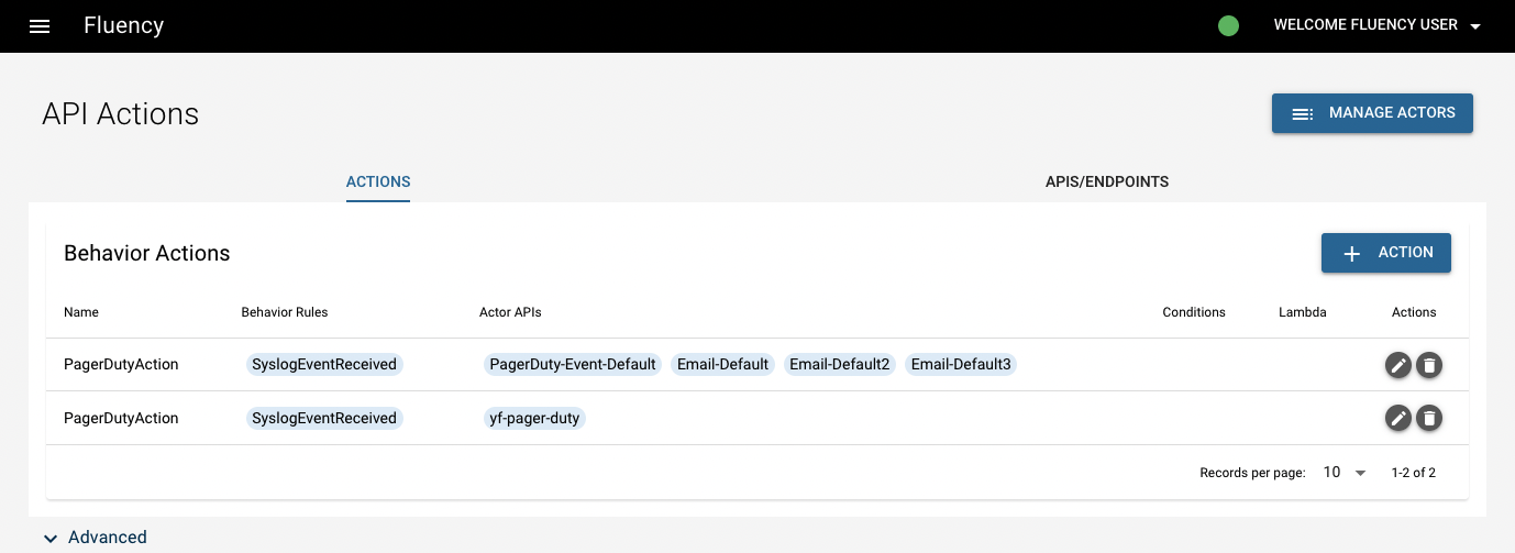 Older API Actions page listing the configured behavior actions