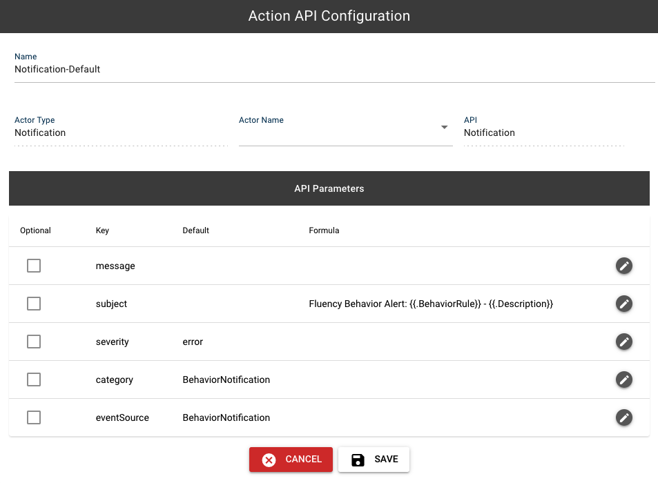 API configuration form defining an action and its actor type