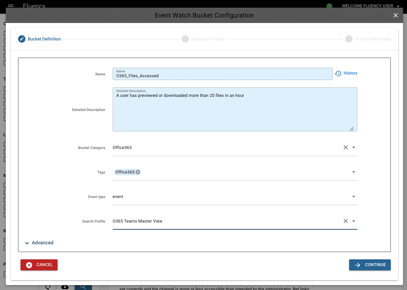 Bucket Definition step with the bucket name, category, tags and event type set