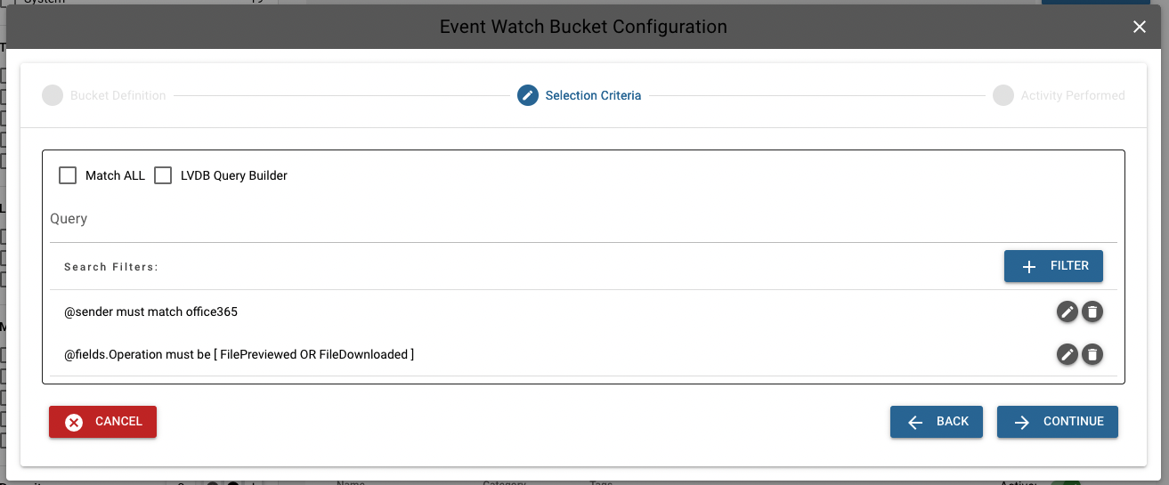 Selection Criteria showing the saved field filter attached to the bucket