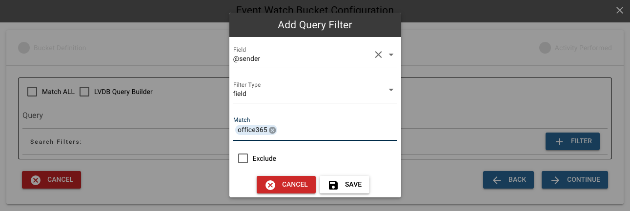 Filter dialog with the Field type selected, a field chosen and match values added