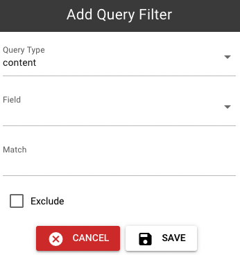 Add query filter dialog opened from the query builder