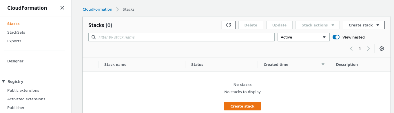 AWS Management Console with the CloudFormation service open