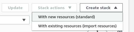CloudFormation Stacks list with the Create stack menu open on With new resources (standard)