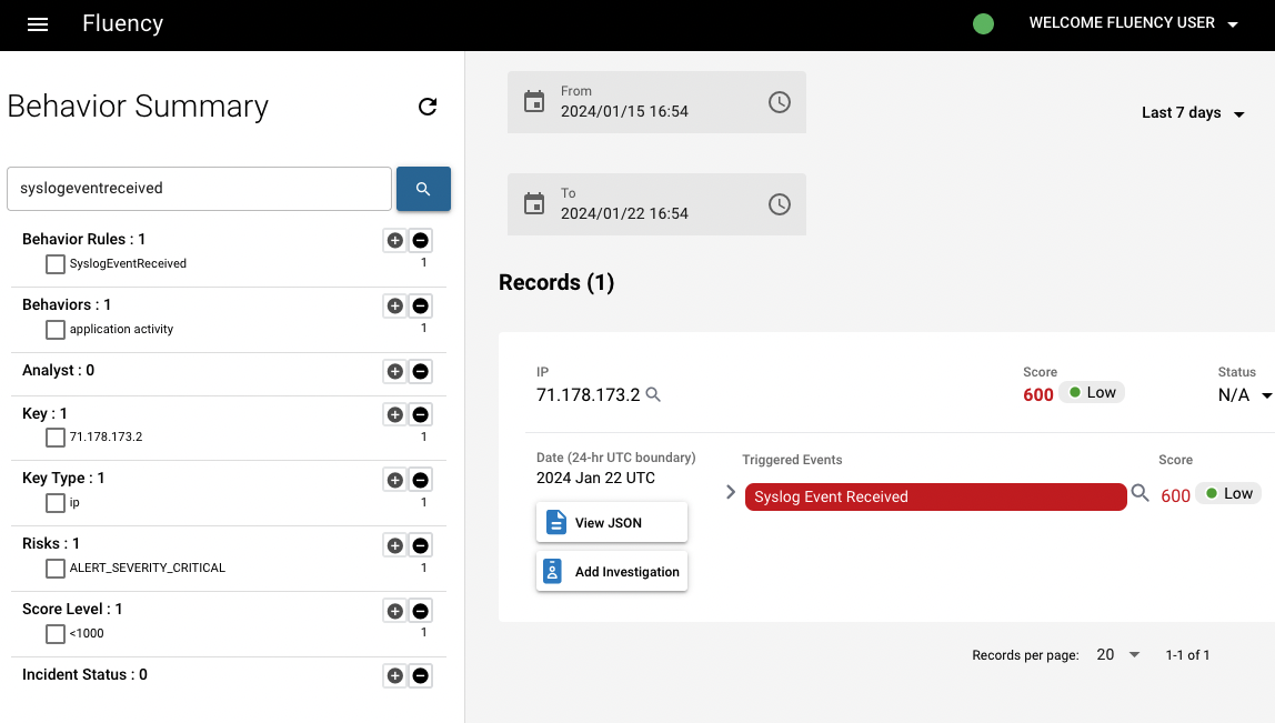 Behavior Summary filtered to SyslogEventReceived, showing the New alert