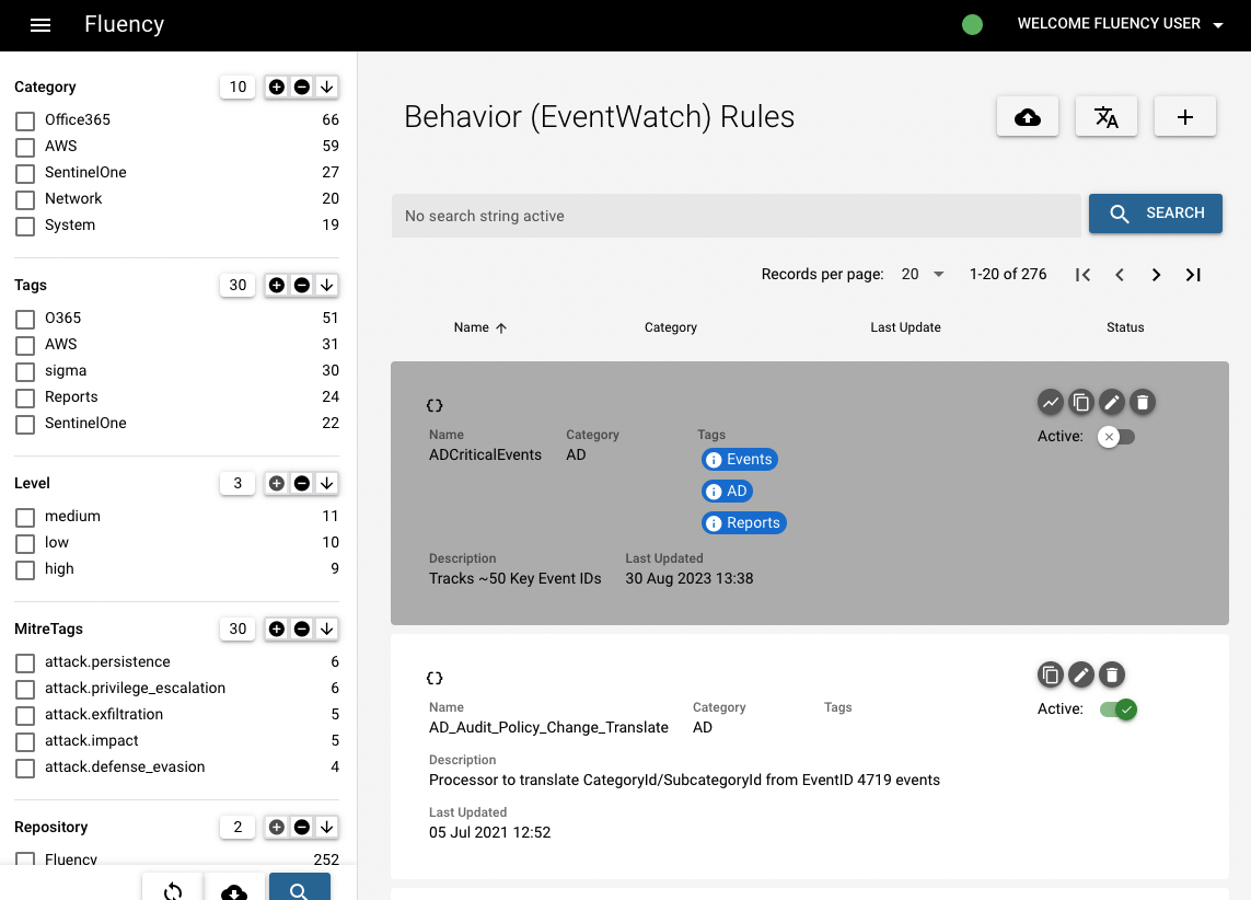 Behavior Rules page under the SIEM menu, listing the configured rules