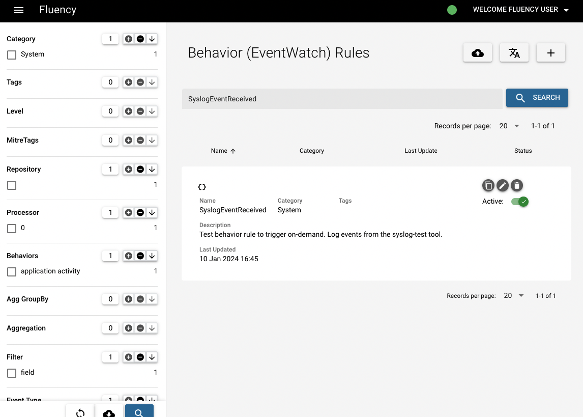 Behavior Rules filtered to the SyslogEventReceived rule