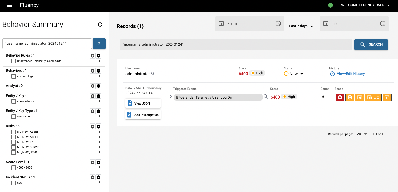 Behavior Summary page for the selected entity, listing its triggered events with risk scores