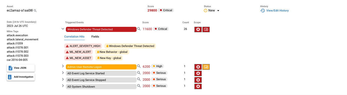 Triggered event expanded to show the Correlation Hits and Fields tabs