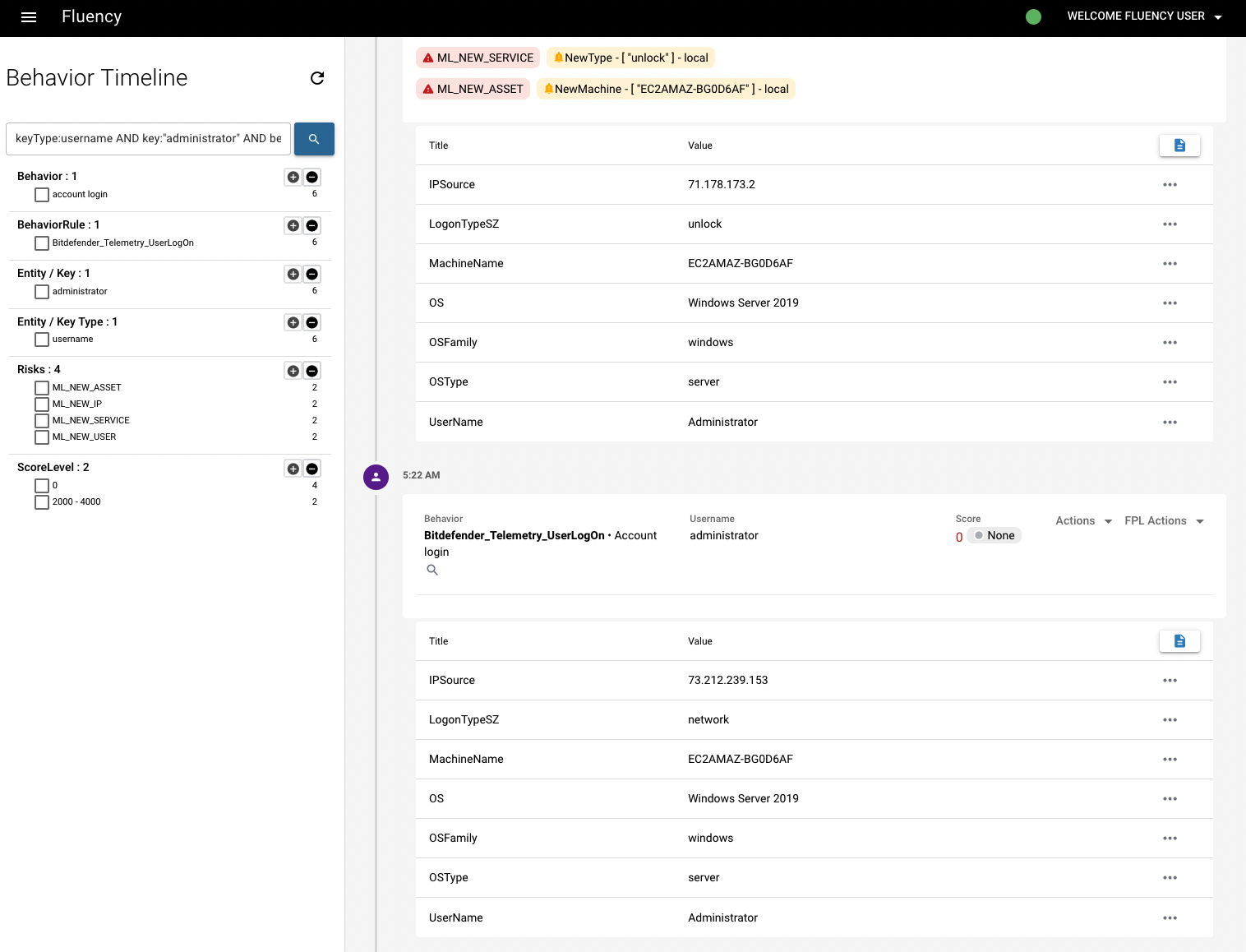Behavior Timeline record with a high score, showing a user, IP, type and machine that differ from the entity's norm