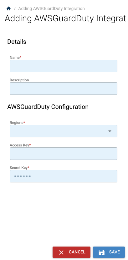 Left-side panel with the AWS GuardDuty region and credential fields