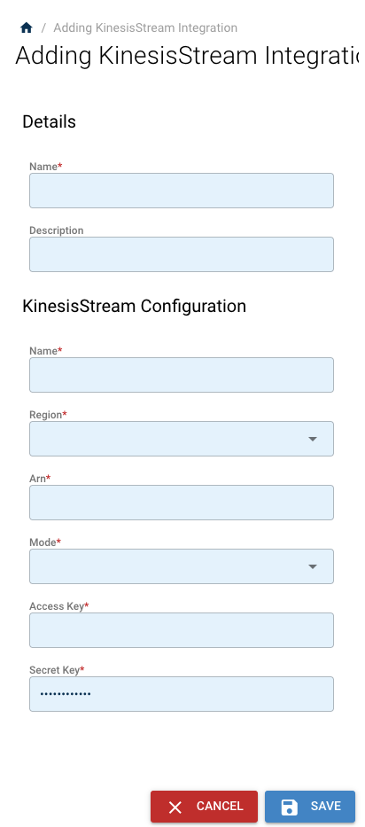 Left-side panel with the AWS Kinesis stream name, region and credential fields