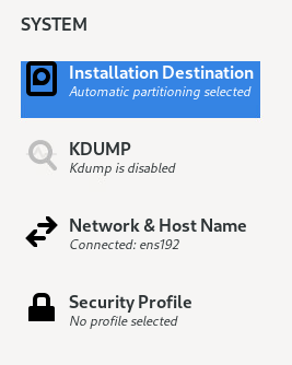 Installation Summary page with Installation Destination under the SYSTEM section