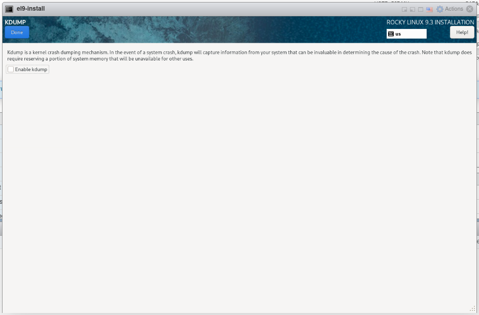 Kdump screen with kdump disabled