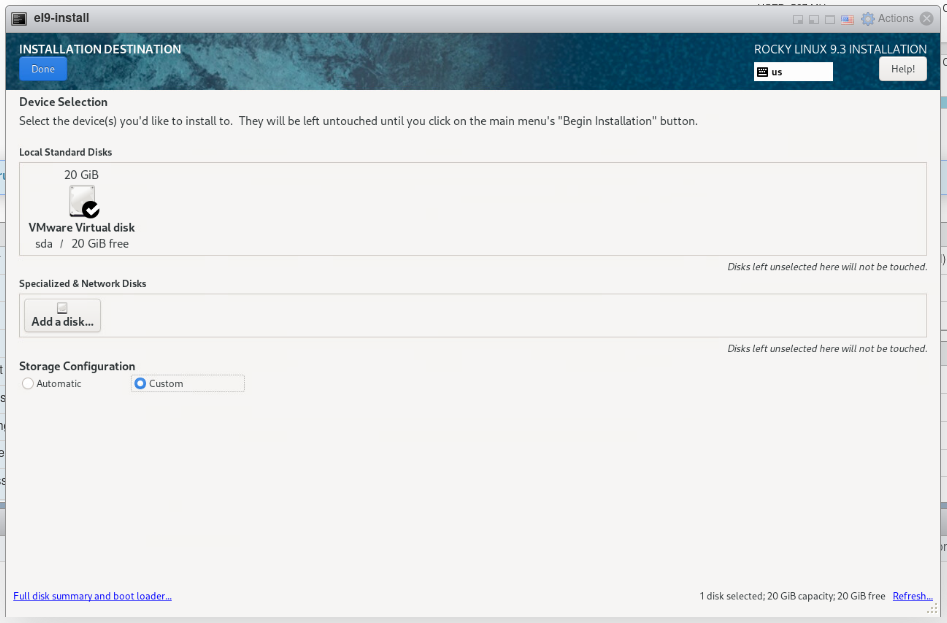 Installation Destination screen with Custom selected for Storage Configuration
