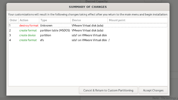 Summary of Changes dialog listing the partitioning operations to be applied