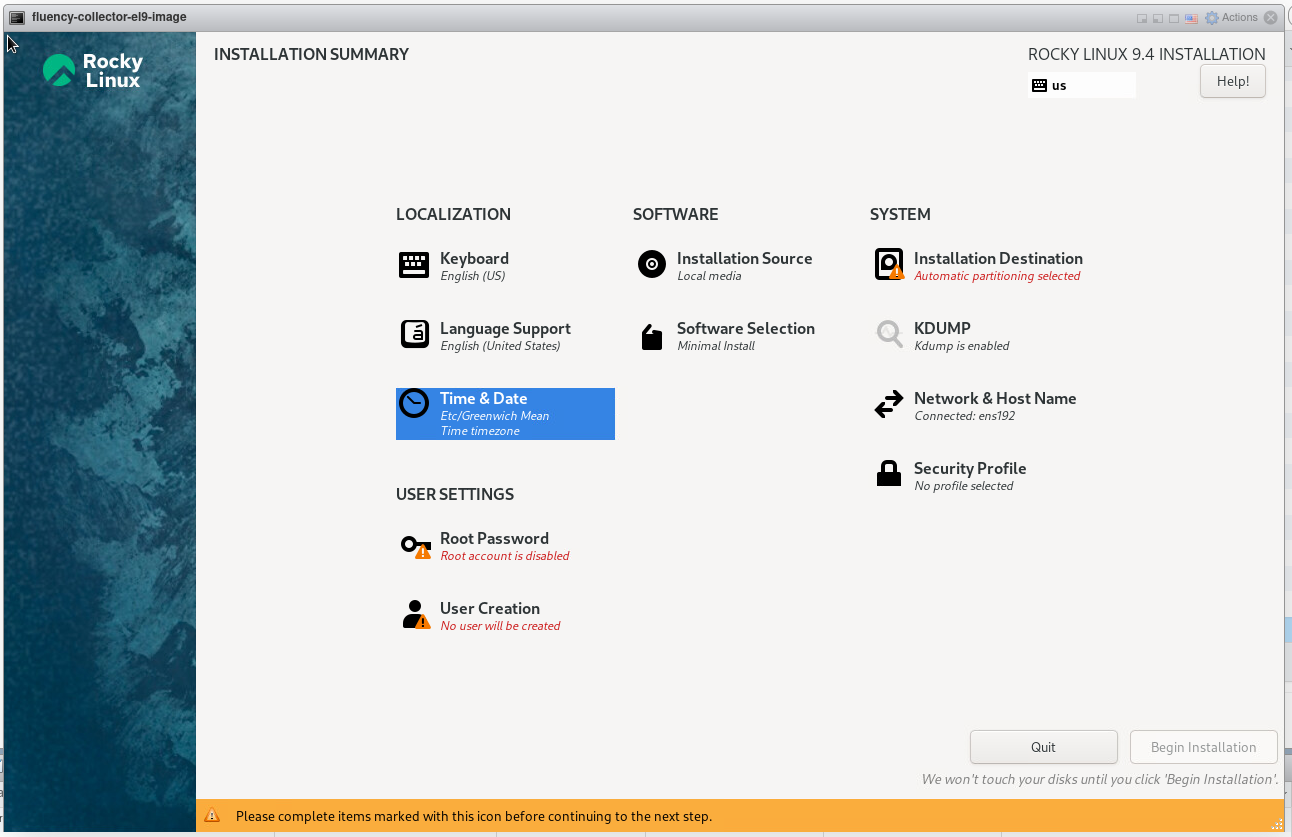 Installation Summary page with Time & Date under the LOCALIZATION section