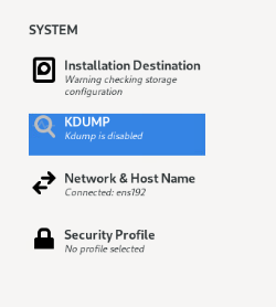 Installation Summary page with KDUMP under the SYSTEM section