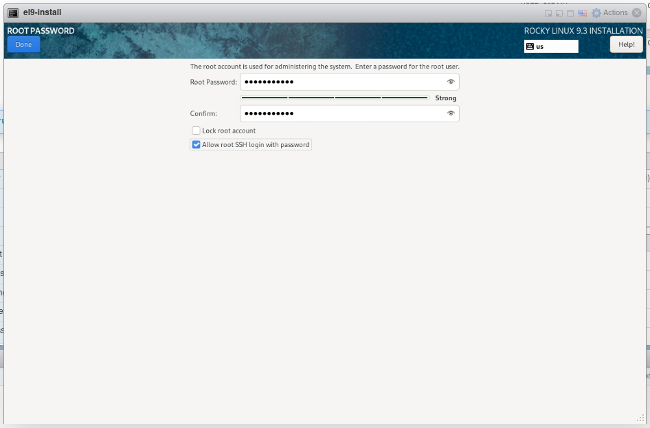 Root Password screen with the password entered and Allow root SSH login with password selected