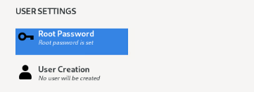 Installation Summary page with Root Password under the USER SETTINGS section