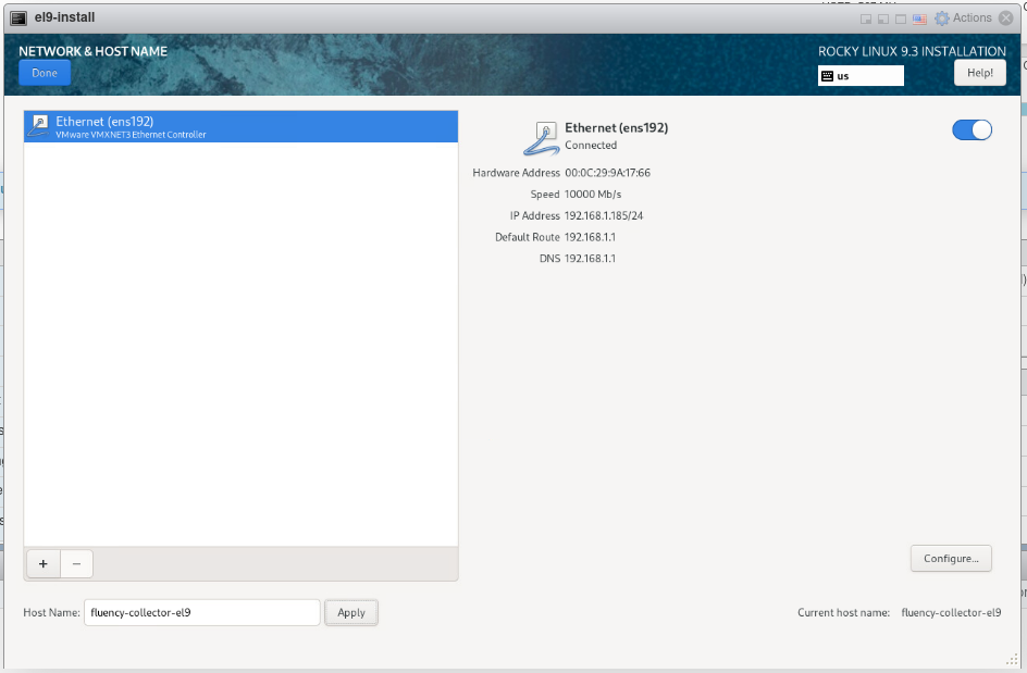 Network & Host Name screen with the interface enabled and the host name set