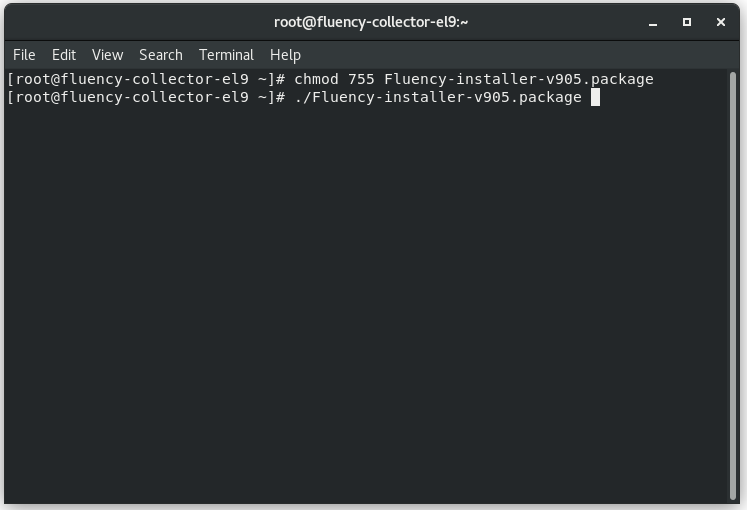 Terminal showing wget downloading the Fluency installer package and chmod making it executable