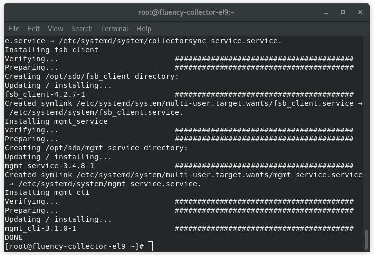 Installer reporting the Fluency collector installation as complete