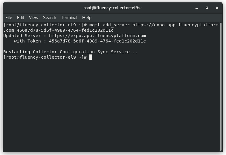 Terminal session on the collector showing the mgmt add_server command being run with an instance URL and a token