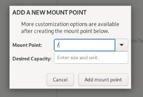 Add a New Mount Point dialog with the root mount point and the full available capacity entered