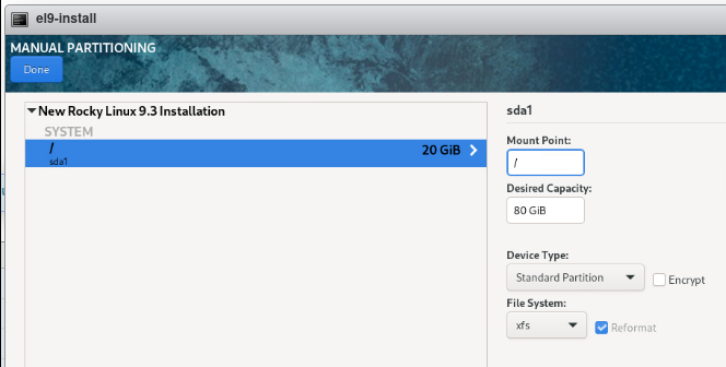Manual Partitioning screen with the root partition created and the xfs file system selected