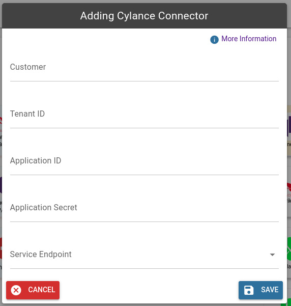 New Cylance endpoint dialog with the API credential fields to complete