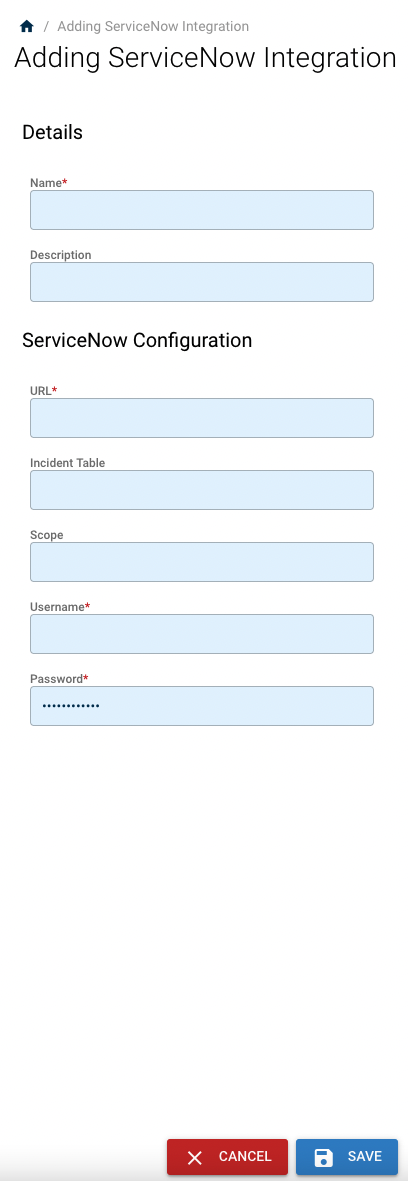 Left-side panel with the ServiceNow name, URL, username, password, incident table and scope fields