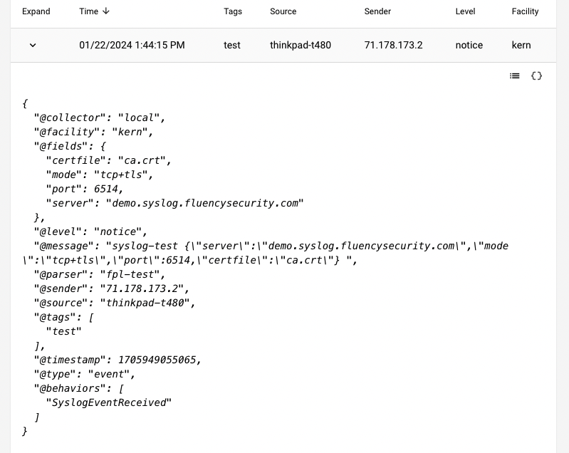 Events Search results showing the injected test event