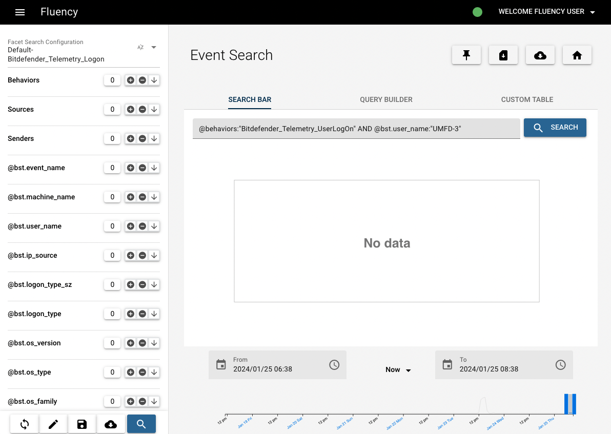 Events Search page reached by the magnifying-glass pivot, pre-filled with the behavior's query