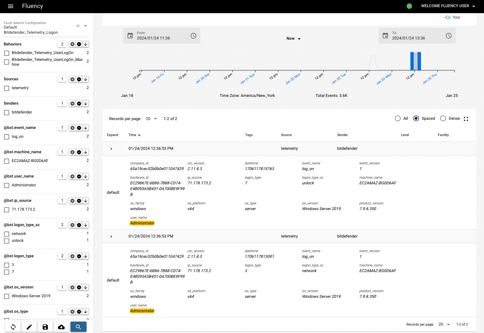Events Search results listing the underlying syslog records for the behavior